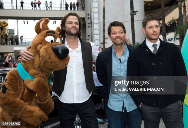 Scooby-Doo, Actors Jared Padalecki, Misha Collins and Jensen Ackles attend The 2018 PaleyFest screening of CW's Supernatural at the Dolby Theater on...