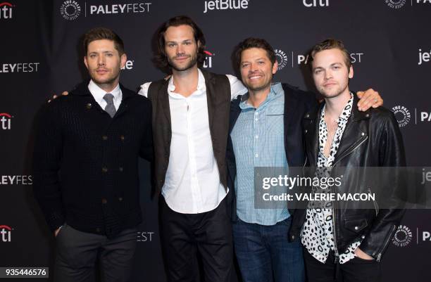 Actors Jensen Ackles, Jared Padalecki, Misha Collins and Actor Alexander Calvert attend The 2018 PaleyFest screening of CW's Supernatural at the...