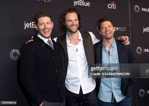 Actors Jensen Ackles, Jared Padalecki, Misha Collins and Actor Alexander Calvert attend The 2018 PaleyFest screening of CW's Supernatural at the...