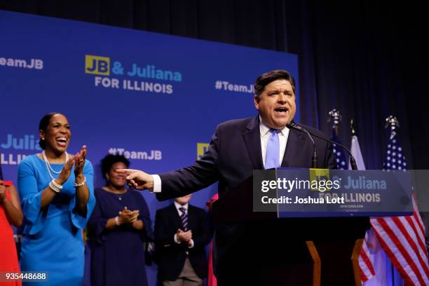 Illinois Democratic candidate for Governor J.B. Pritzker and his Lieutenant Governor pick Juliana Stratton arrive during his primary election night...