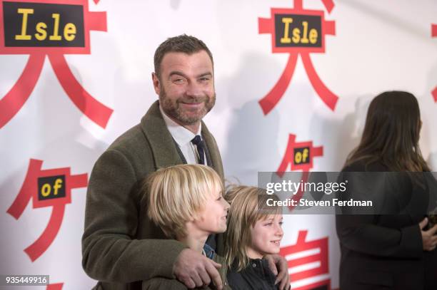 Alexander Pete Schreiber, Liev Schreiber and Samuel Kai Schreiber attend the "Isle of Dogs" New York Screening at Metropolitan Museum of Art on March...