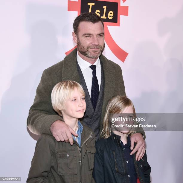 Alexander Pete Schreiber, Liev Schreiber and Samuel Kai Schreiber attend the "Isle of Dogs" New York Screening at Metropolitan Museum of Art on March...