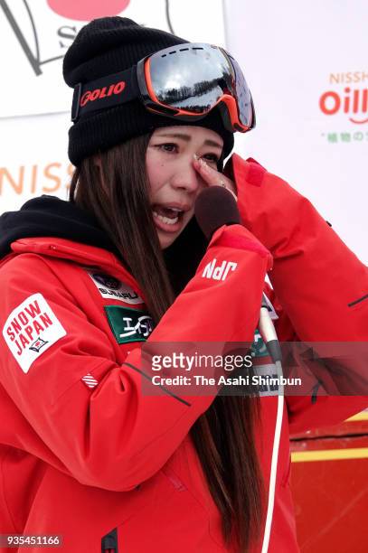 Arisa Murata shows her emotion as she is retiring on day two of the 38th All Japan Ski Championships - Freestyle at Bankei Ski Resort on March 18,...
