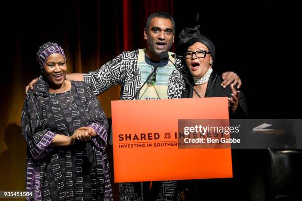 Phumzile Mlambo-Ngcuka, Kumi Naidoo, and Felicia Mabuza-Suttle speak onstage during the Shared Interest 2018 Annual Spring Benefit at the Edison...