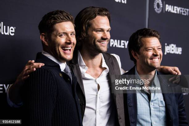 Actors Jensen Ackles, Jared Padalecki and Misha Collins attend the Paley Center for Media's 35th Annual PaleyFest Los Angeles "Supernatural" at Dolby...