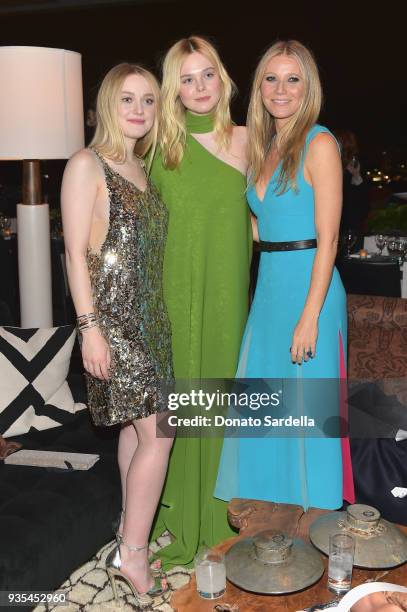 Elle Fanning, Dakota Fanning and Gwyneth Paltrow attend The Hollywood Reporter and Jimmy Choo Power Stylists Dinner on March 20, 2018 in Los Angeles,...