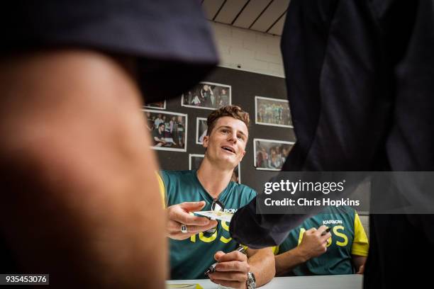 Australian Winter Olympic athlete Matt Graham is seen with students at Maribyrnong Sports Academy on March 21, 2018 in Melbourne, Australia....