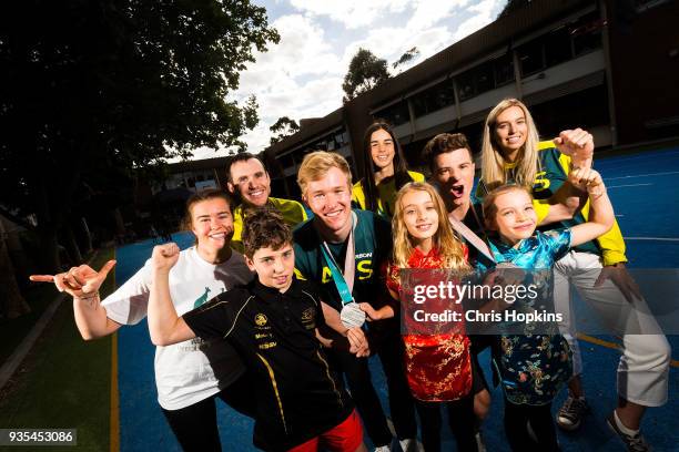 Australian Winter Olympic athlete Britt Cox, David Morris, Jarryd Hughes, Matt Graham, Jakara Anthony, and Emily Arthur are seen with students,...