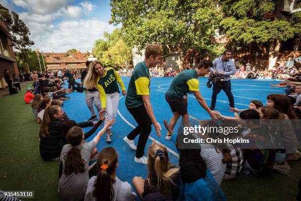 Australian Winter Olympic athletes Emily Anthony, Jarryd Hughes and Matt Graham are seen with students at Fitzroy North Primary School on March 21,...