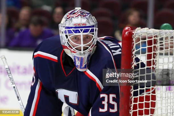 Cleveland Monsters goalie Matiss Kivlenieks in goal during the third period of the American Hockey League game between the Chicago Wolves and...