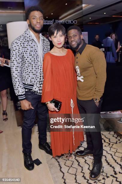 Chadwick Boseman, Jimmy Choo Creative Director Sandra Choi and Kevin Hart attend The Hollywood Reporter and Jimmy Choo Power Stylists Dinner on March...