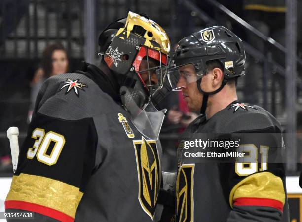 Malcolm Subban and Jonathan Marchessault of the Vegas Golden Knights celebrate on the ice after the team's 4-1 victory over the Vancouver Canucks at...