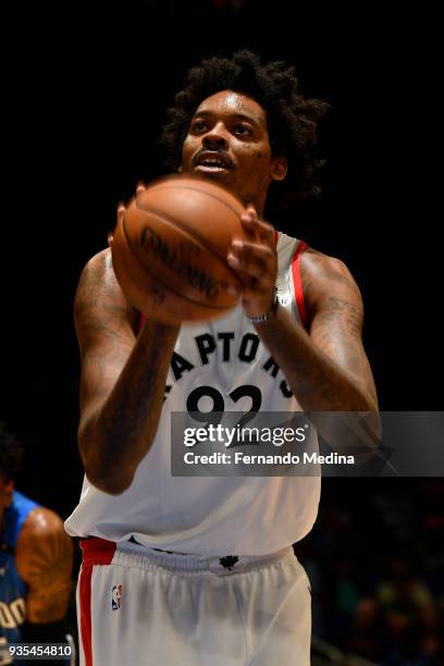 Lucas Nogueira of the Toronto Raptors shoots the ball against the Orlando Magic on March 20, 2018 at Amway Center in Orlando, Florida. NOTE TO USER:...