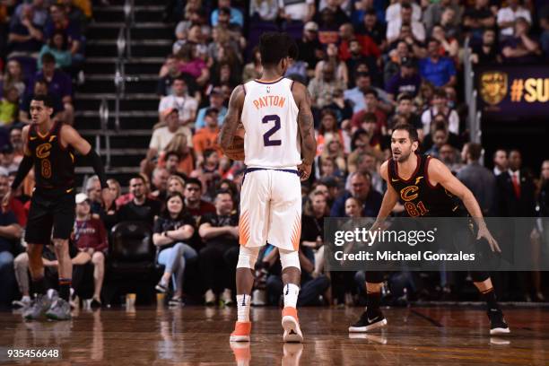 Jose Calderon of the Cleveland Cavaliers guards Elfrid Payton of the Phoenix Suns on March 13, 2018 at Talking Stick Resort Arena in Phoenix,...