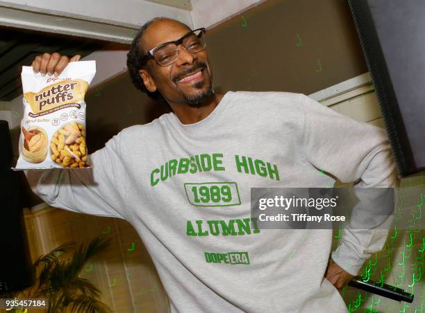 Snoop Dogg attends the launch of Popchips' Nutter Puffs at the Chateau Marmont on March 20, 2018 in Los Angeles, California.