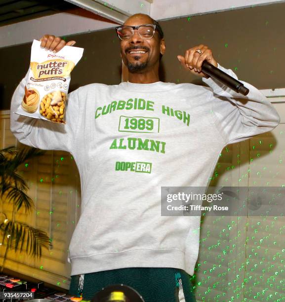 Snoop Dogg attends the launch of Popchips' Nutter Puffs at the Chateau Marmont on March 20, 2018 in Los Angeles, California.