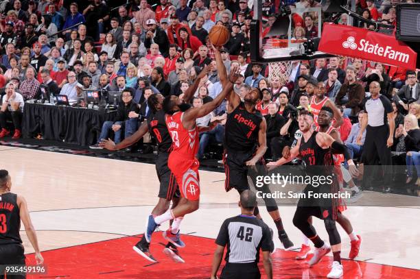 Maurice Harkless of the Portland Trail Blazers grabs the rebound against the Houston Rockets on March 20, 2018 at the Moda Center in Portland,...