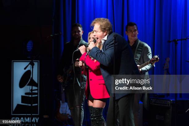 Musicians Jesse Money and Eddie Money perform onstage during An Evening With Eddie Money at The GRAMMY Museum on March 20, 2018 in Los Angeles,...