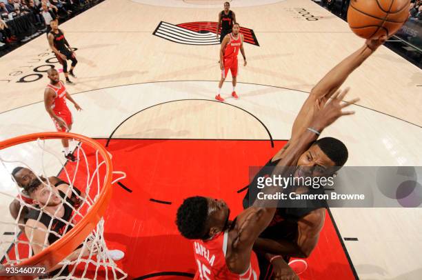 Maurice Harkless of the Portland Trail Blazers goes up for a dunk against the Houston Rockets on March 20, 2018 at the Moda Center in Portland,...