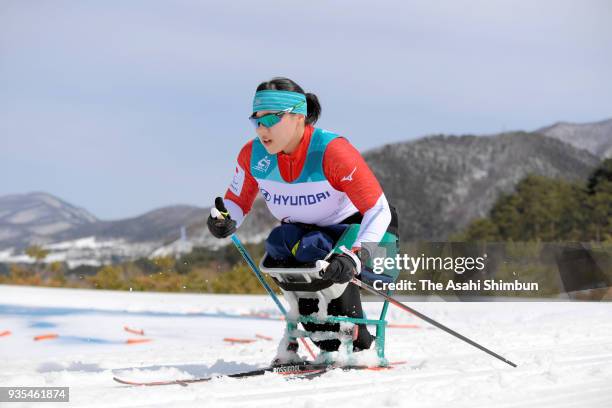 Nonno Nitta of Japan competes in the Cross Country Women's 5km - Sitting on Day eight of the PyeongChang 2018 Paralympic Games on March 17, 2018 in...