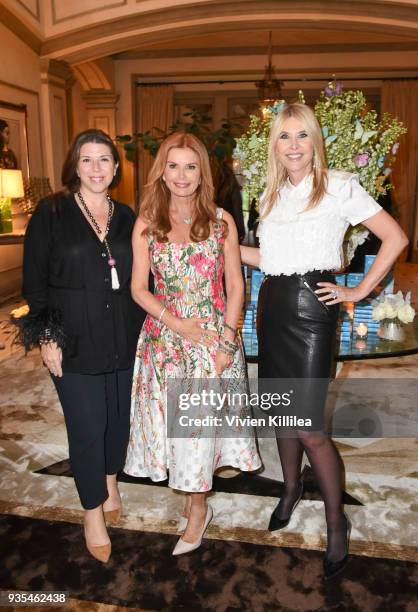 Stellene Volandes, Roma Downey and Irena Medavoy attend "Box of Butterflies" Book Party on March 20, 2018 in Beverly Hills, California.