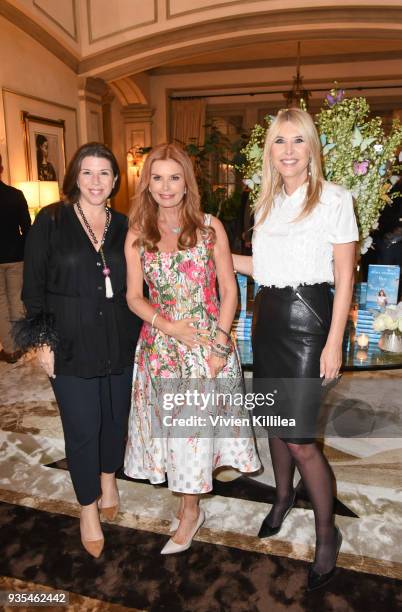 Stellene Volandes, Roma Downey and Irena Medavoy attend "Box of Butterflies" Book Party on March 20, 2018 in Beverly Hills, California.