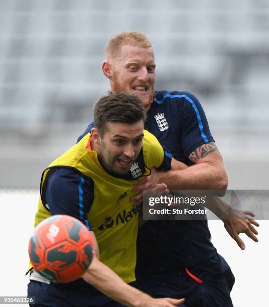 England players Mark Wood and Ben Stokes battle for possion during a game of Football in the rain during England nets ahead of the 1st Test Match...