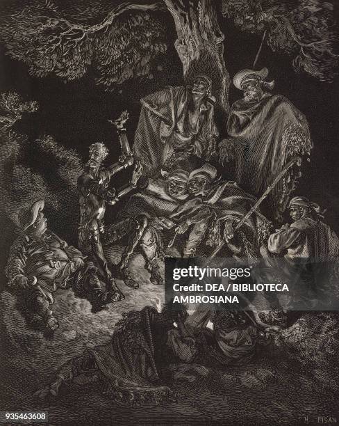 Don Quixote begins to tell his stories to the goat herders, engraving by Gustave Dore from Don Quixote of La Mancha by Miguel de Cervantes ,...