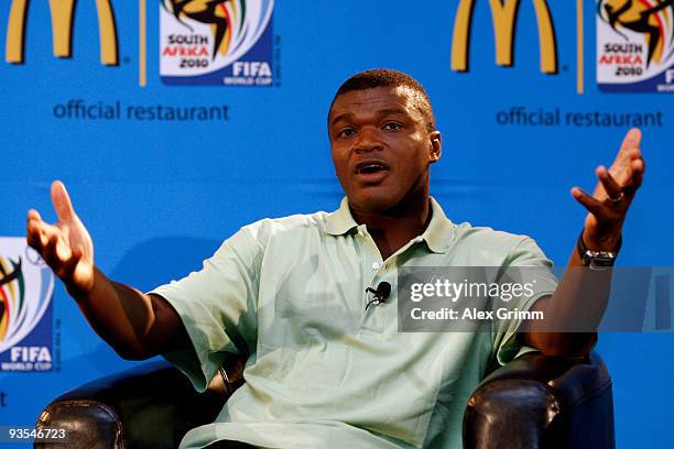 Former french football star Marcel Desailly gestures during a press conference of official 2010 FIFA World Cup sponsor McDonald's at the Table Bay...