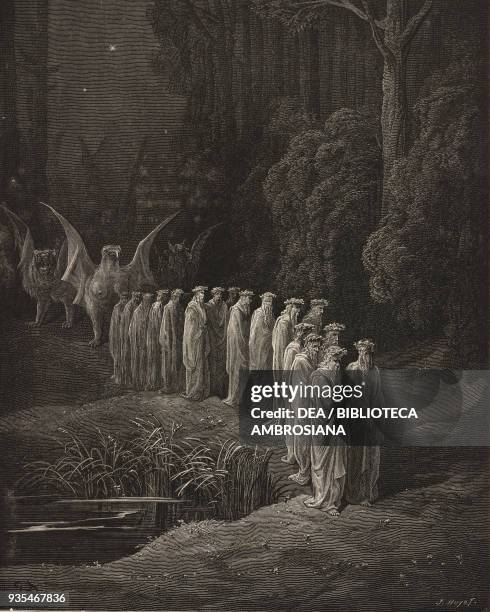 The procession of the twenty-four elders followed by four animals with wings full of eyes, Earthly Paradise, engraving by Gustave Dore , Canto XXIX,...