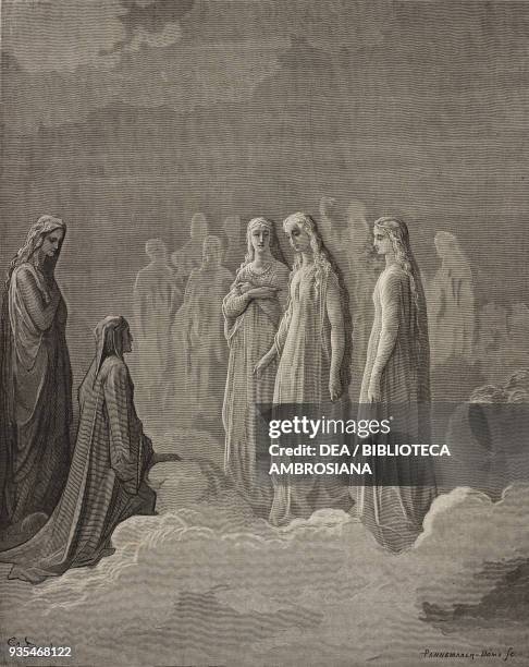 Dante in front of the souls deficient in the virtue of fortitude, First Sphere of Heaven, engraving by Gustave Dore , Canto III, Paradise, Divine...