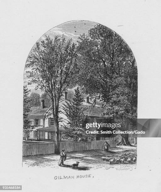 Wood engraving of the Ladd-Gilman House in Exeter, New Hampshire, bought by Daniel Gilman in 1747 and home to several prominent members of the Gilman...