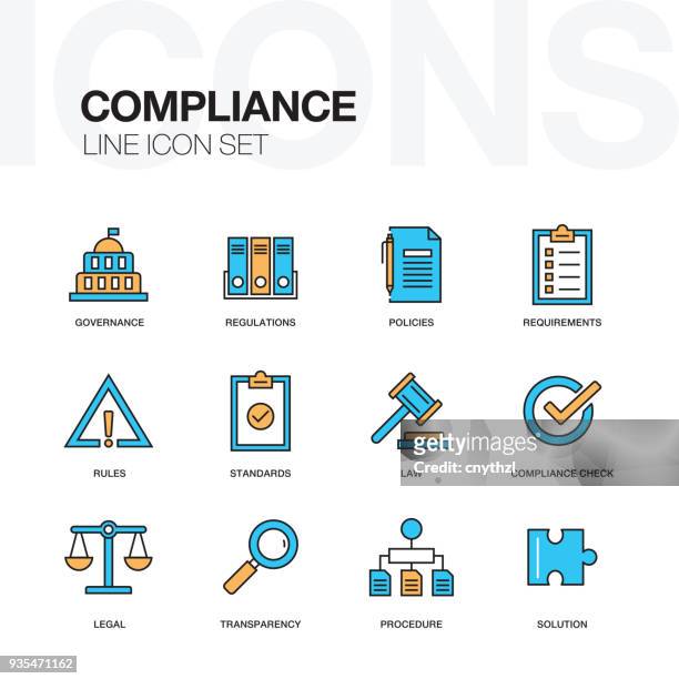 compliance flat line icons set - law legal system technology stock illustrations