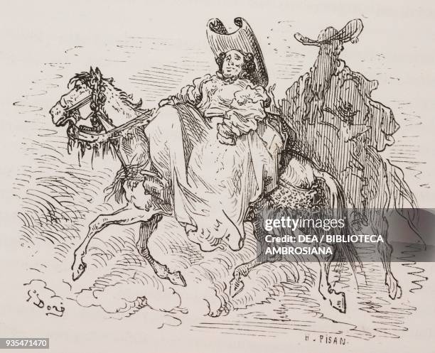 The curate and the barber go to the Serra Morena to bring Don Quixote home, engraving by Gustave Dore from Don Quixote of La Mancha by Miguel de...