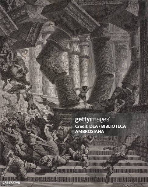 Samson brings down the temple, engraving by Gustave Dore , from The Holy Scriptures containing the Old and New Testaments: Translated from The Latin...