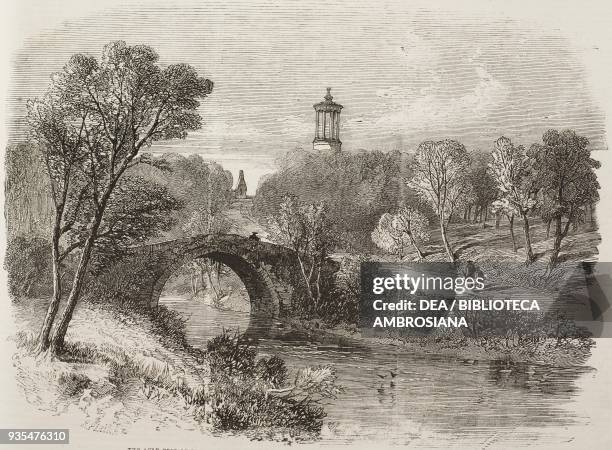 The Auld brig o' Doon, medieval bridge with Robert Burns's monument, in the background the Alloway Auld Kirk, Alloway, Scotland, illustration from...