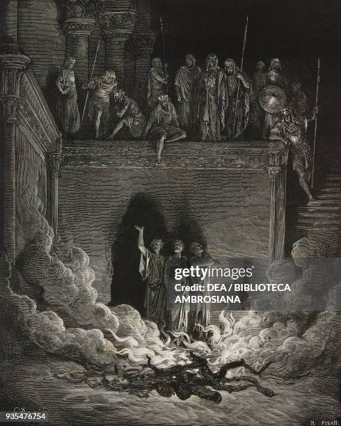 Shadrach, Meshach, and Abednego are thrown into the fiery furnace and survive, engraving by Gustave Dore , from The Holy Scriptures containing the...
