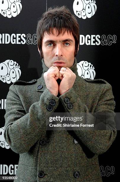 Liam Gallagher attends photocall to launch the Black collection for his Pretty Green clothing label at Selfridges on December 2, 2009 in Manchester,...