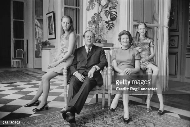 British Conservative Party politician and ambassador to France Christopher Soames with his wife Mary Soames and their daughters Emma and Charlotte,...