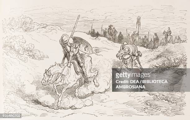 Don Quixote and Sancho Panza fleeing from the squadron of the braying villagers, engraving by Gustave Dore from Don Quixote of La Mancha by Miguel de...