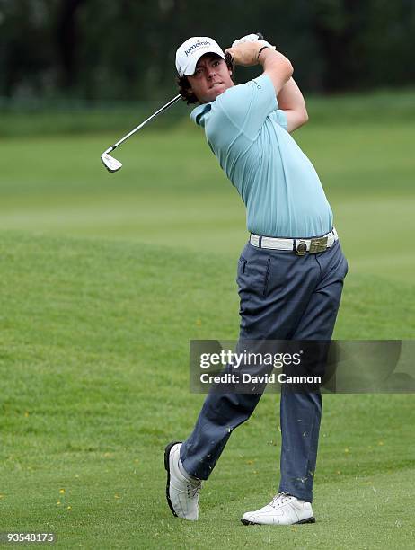 Rory McIlroy of Northern Ireland plays his second shot at the 10th hole during the pro-am as a preview for the 2009 Nedbank Golf Challenge at the...