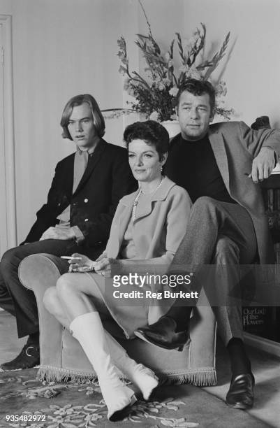 American actress Jane Russell , her husband, actor Roger Barrett and her adoptive son Tommy Waterfield, UK, 30th September 1968.