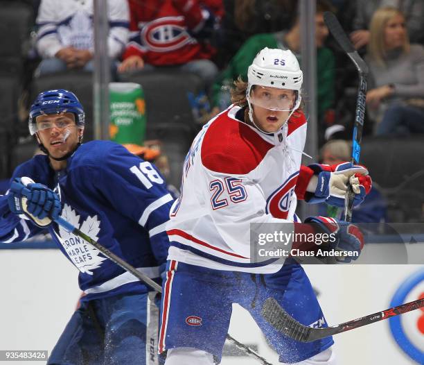 Jacob de la Rose of the Montreal Canadiens skates against the Toronto Maple Leafs during an NHL game at the Air Canada Centre on March 17, 2018 in...