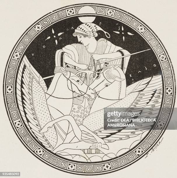 Apparition of Dawn, Eos on a chariot pulled by two winged horses comes from the Ocean, painting on the bottom of a cup, illustration from Histoire...