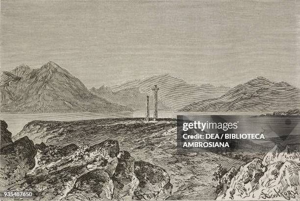 View of Aegina from the ruins of the temple of Aphaia, the mountains of the Epidaurus in the background, Greece, illustration from Histoire des...