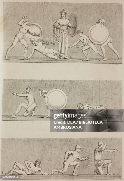 Scenes of the second war of Troy with Athena at the center, figures from the west pediment of the temple of Aphaia in Aegina, Greece, illustration...