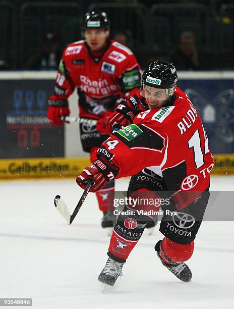 Daniel Rudslaett of Haie in action during the Deutsche Eishockey Liga game between Koelner Haie and Hannover Scorpions at Lanxess Arena on December...