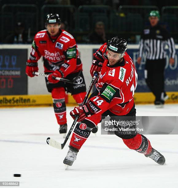 Daniel Rudslaett of Haie in action during the Deutsche Eishockey Liga game between Koelner Haie and Hannover Scorpions at Lanxess Arena on December...