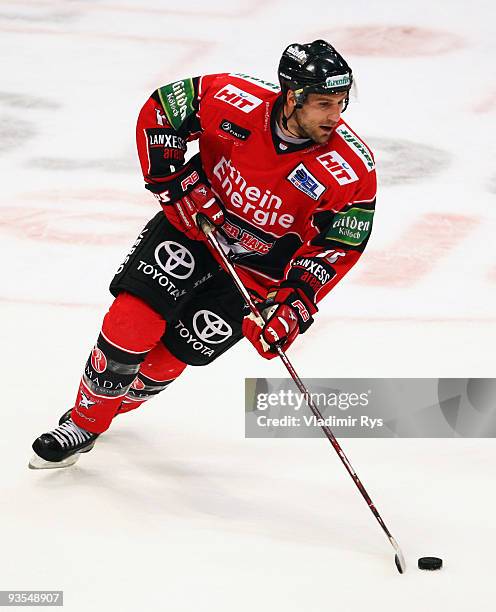 Jason Jaspers of Haie in action during the Deutsche Eishockey Liga game between Koelner Haie and Hannover Scorpions at Lanxess Arena on December 1,...