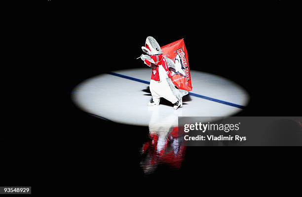 Sharky the mascott of Koelner Haie is seen during the Deutsche Eishockey Liga game between Koelner Haie and Hannover Scorpions at Lanxess Arena on...